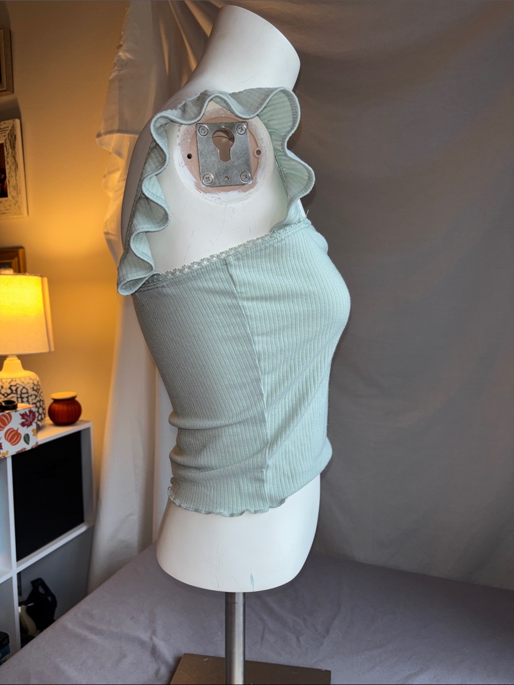 Caution To The Wind Ruffled Strap Ribbed Tank Top - Light Mint - Picture 5 of 5